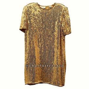 vtg Kazar Gold Sequin Trophy Shift Dress